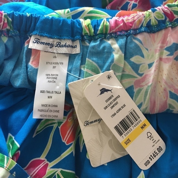 Tommy Bahama Cropped Romper Jumpsuit Sun Lilies Floral Azure Blue Ruffles M-L - Picture 8 of 12